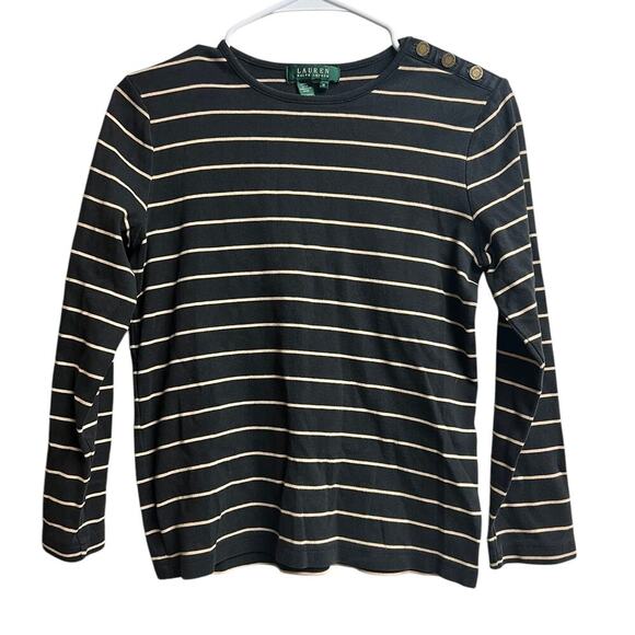 Lauren Ralph Lauren Women's Black Tan Striped Cotton Blouse Buttons Medium - Picture 1 of 6